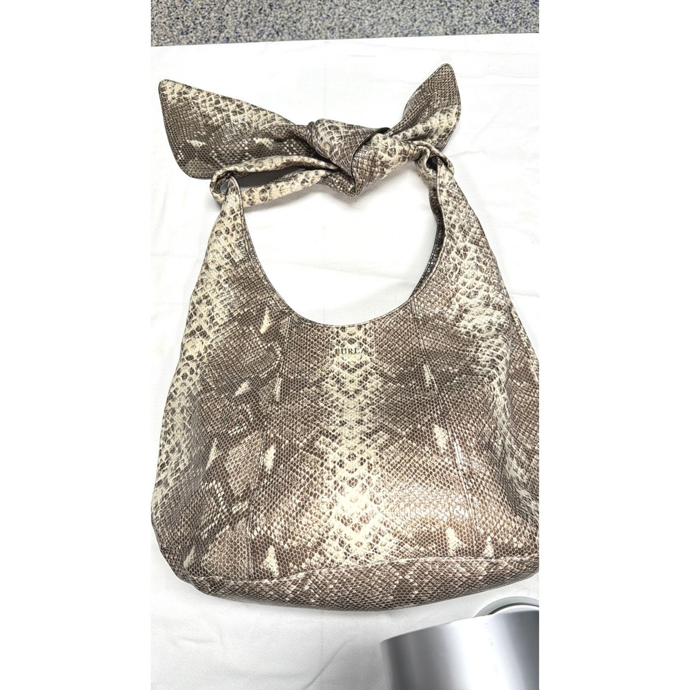 Furla Saddle Bag Leather Purse Women Beige/Brown Snakeskin Embossed
